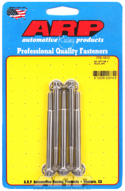 ARP 770-1012 - M6 x 1.00 x 75 SS 12pt Bolts (5/pkg) ARP 770-1012 - M6 x 1.00 x 75 SS 12pt Bolts (5/pkg)