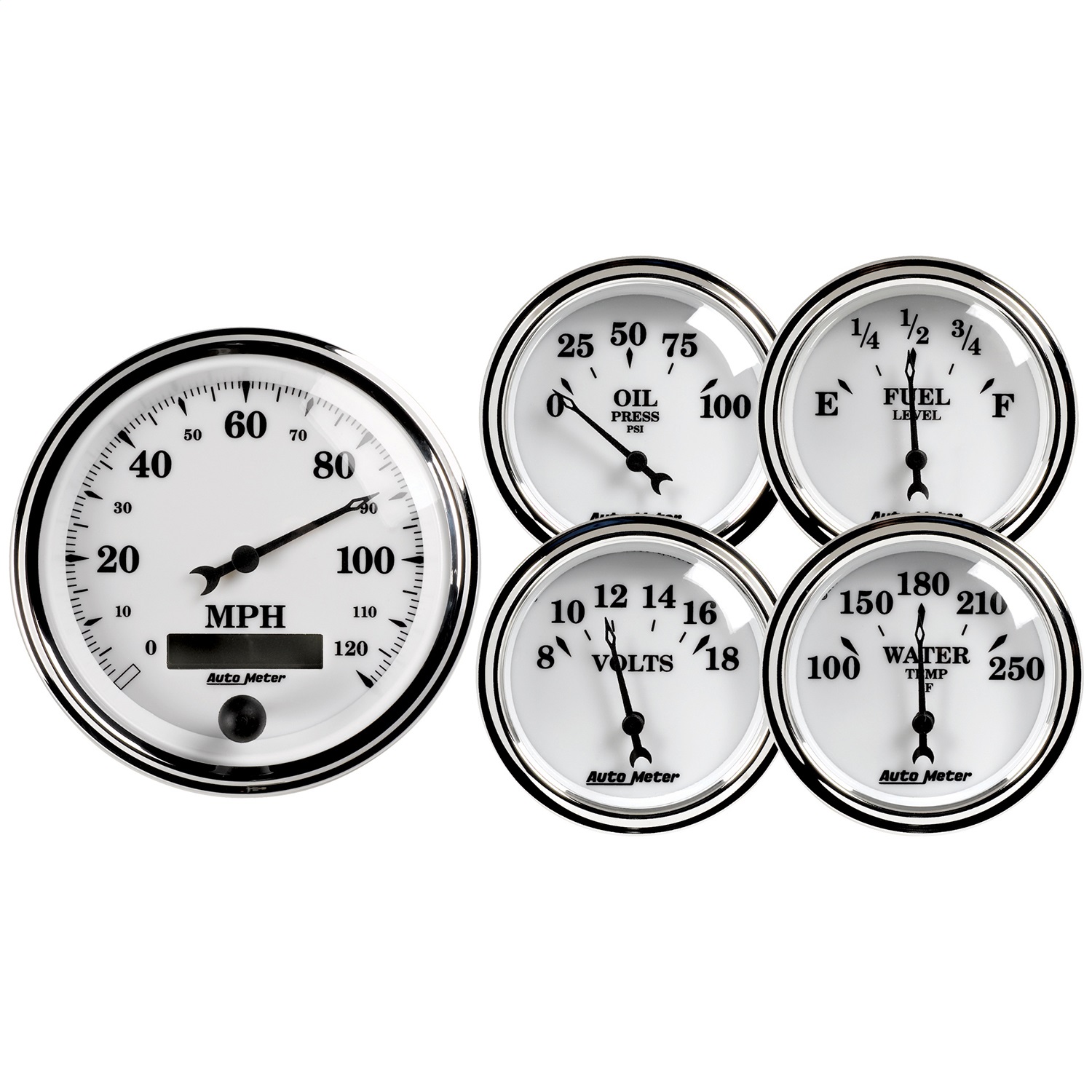 AutoMeter 1200 - Old Tyme White II 5 Piece Kit (Elec Speed/Oil Press/Water Temp/Volt/Fuel Level)