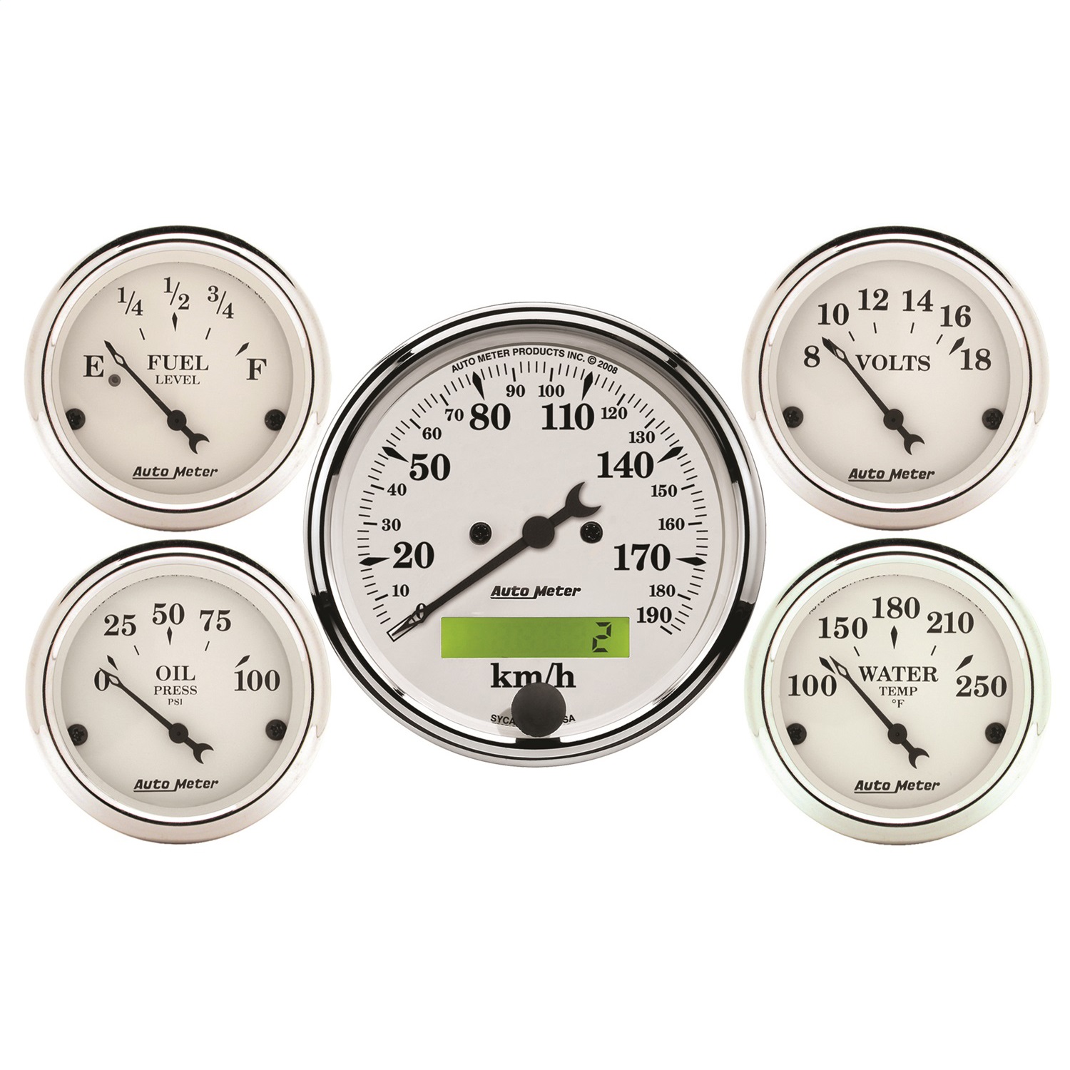 AutoMeter 1602-M - Old Tyme White 5 Pc Kit-Elec Speed(Km/H)/Elec Oil Press/Water Temp/Volt/Fuel Level