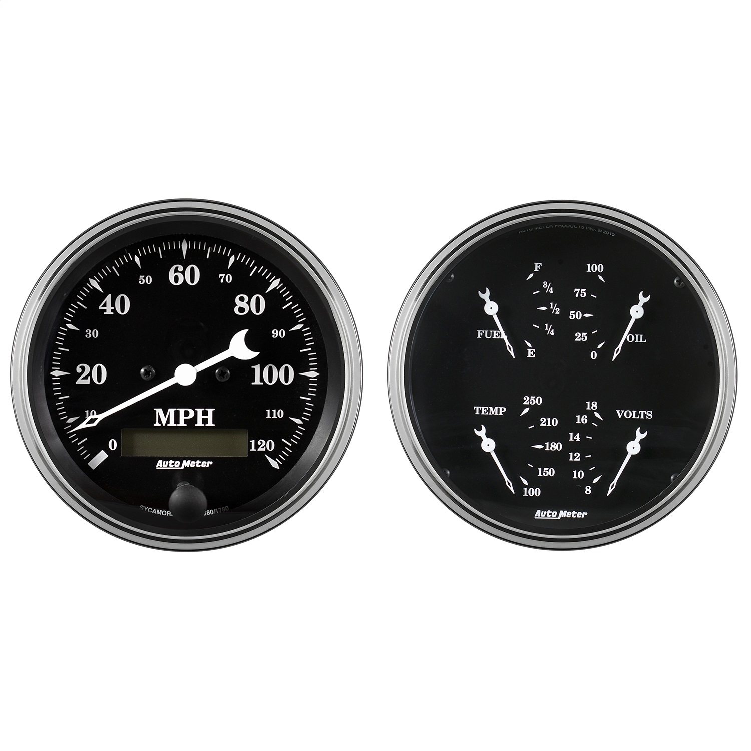 AutoMeter 1703 - Auto Meter Gauge Kit 2 pc. Quad & Speedometer 5in Old Tyme Black