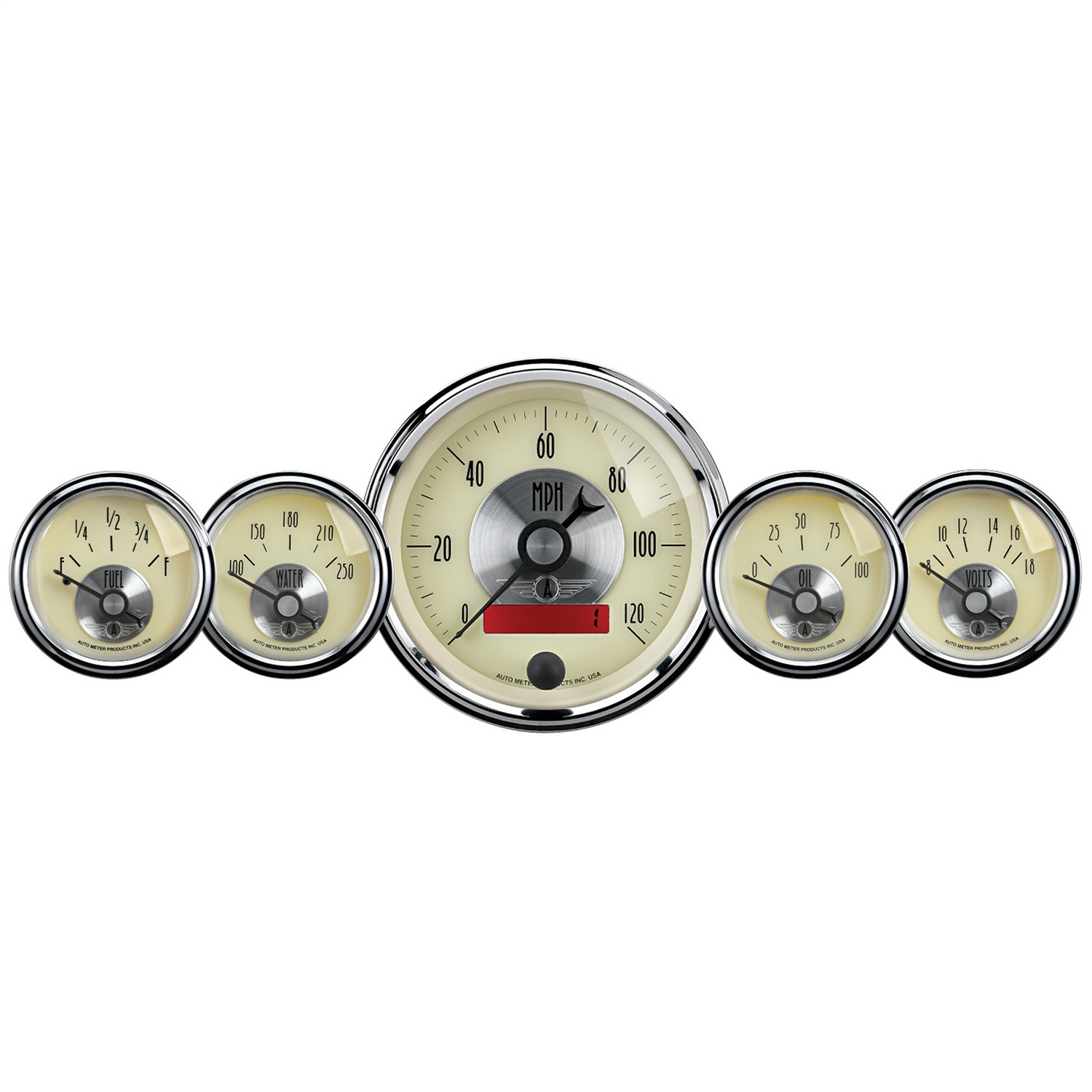 AutoMeter 2000 - Gauge Kit 5 Pc. 3-3/8in. & 2-1/16in. Elec. Speedo W/Lcd Odo Prestige Antq. Ivory