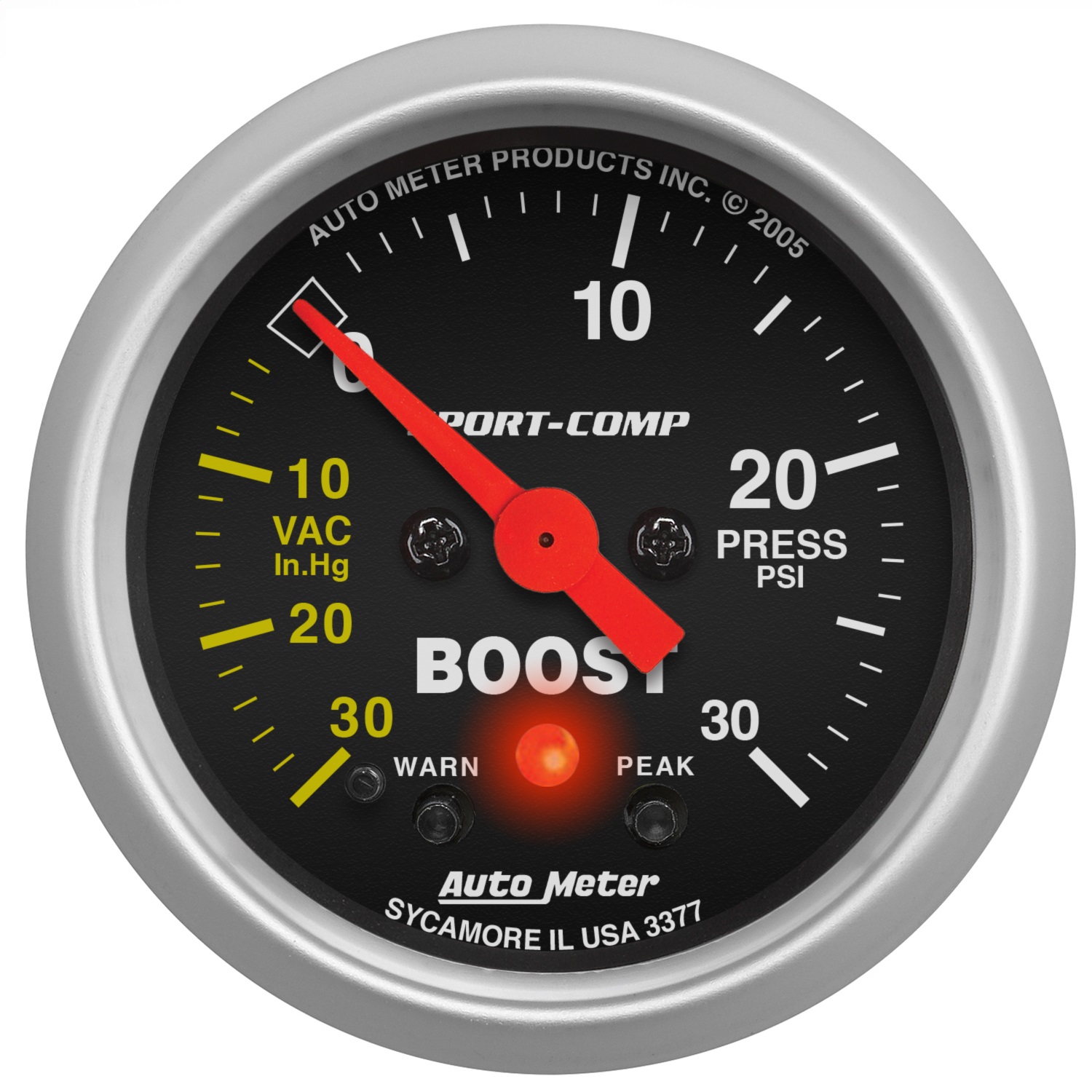 AutoMeter 3377 - Sport-Comp 52mm 30 PSI Electronic Peak Memory/Warning Boost Gauge