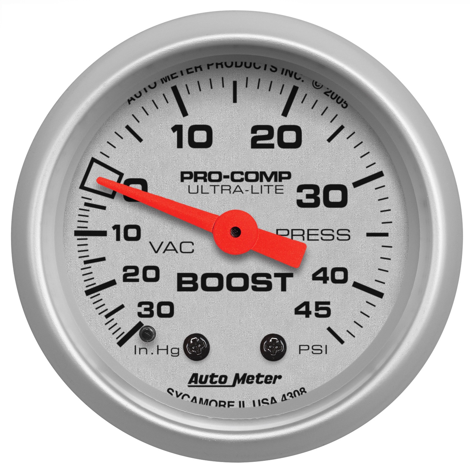 AutoMeter 4308 - Ultra-Lite 52mm 30 IN HG/45 PSI Mechanical Boost/Vacuum Gauge AutoMeter 4308 - Ultra-Lite 52mm 30 IN HG/45 PSI Mechanical Boost/Vacuum Gauge
