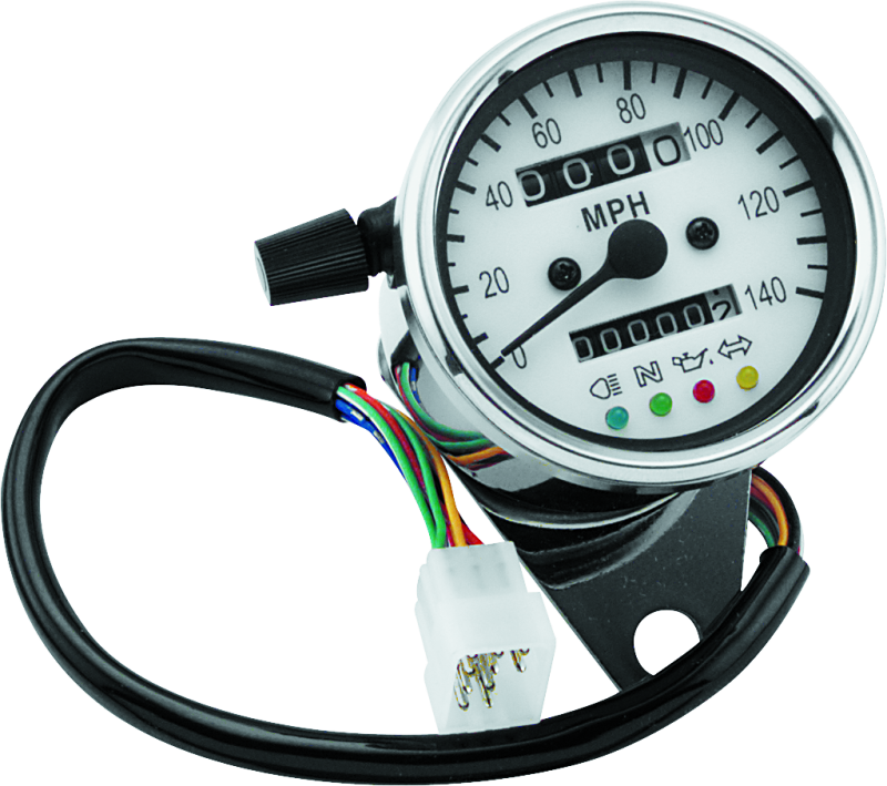 Bikers Choice 490291 - 2.5 Inch Chrome 2:1 Universal Mini Speedo w LED Indicators White Face 140 Mph