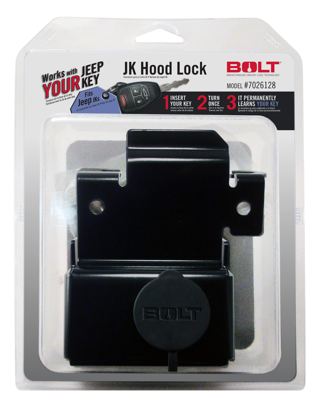 Bolt 7026128 - Protect your under hood items from theft with the  JK Hood Lock! Easy to install, no drilling required, and it works with your Jeep Key! Each JK Hood Lock has an automotive grade lock cylinder and comes with a Limited Lifetime Warranty