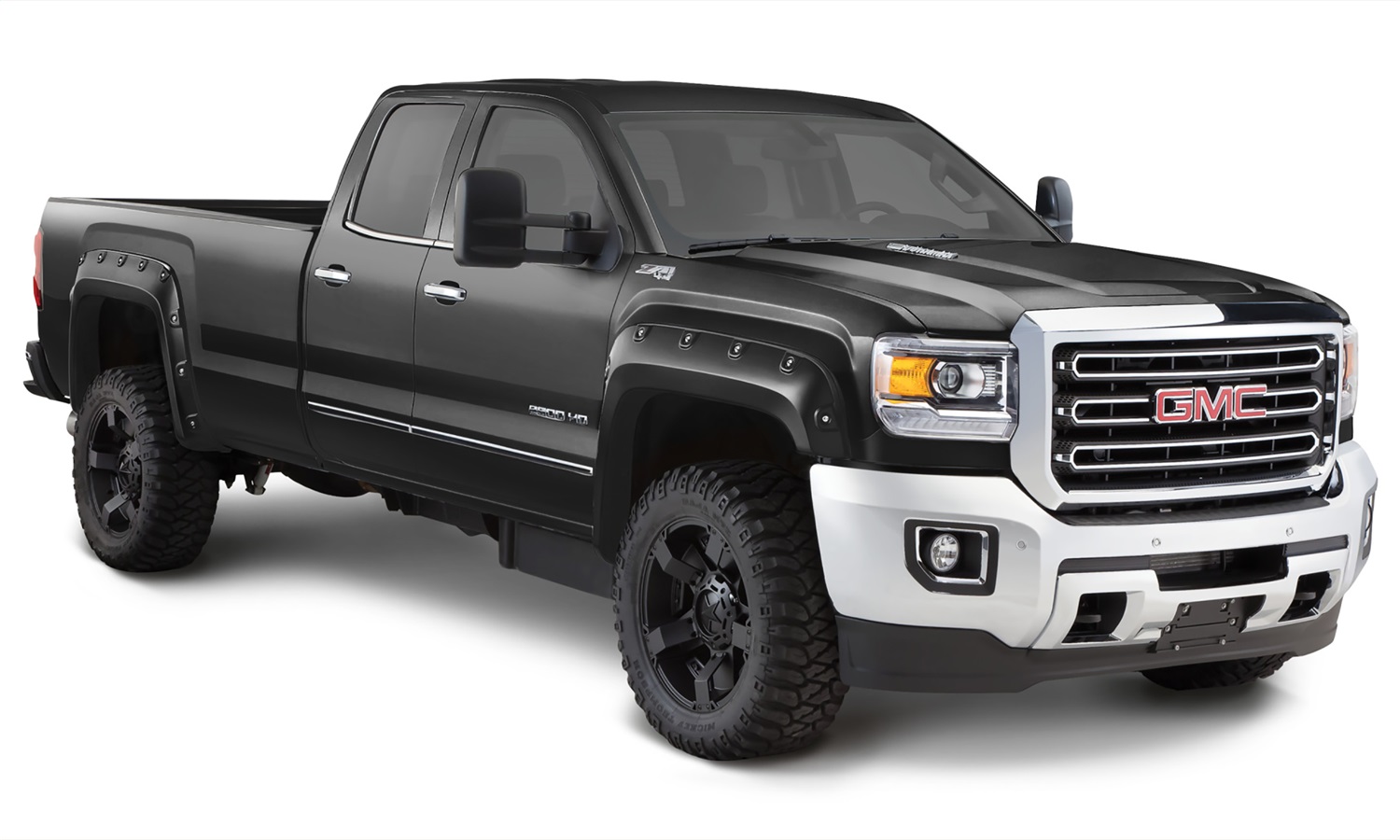 Bushwacker 40967-34 - Pocket/Rivet Style Color Matched Onyx Black 4-Piece Fender Flare Set for 2017-2019 Sierra 2500 HD/3500 HD Bushwacker 40967-34 - Pocket/Rivet Style Color Matched Onyx Black 4-Piece Fender Flare Set for 2017-2019 Sierra 2500 HD/3500 HD