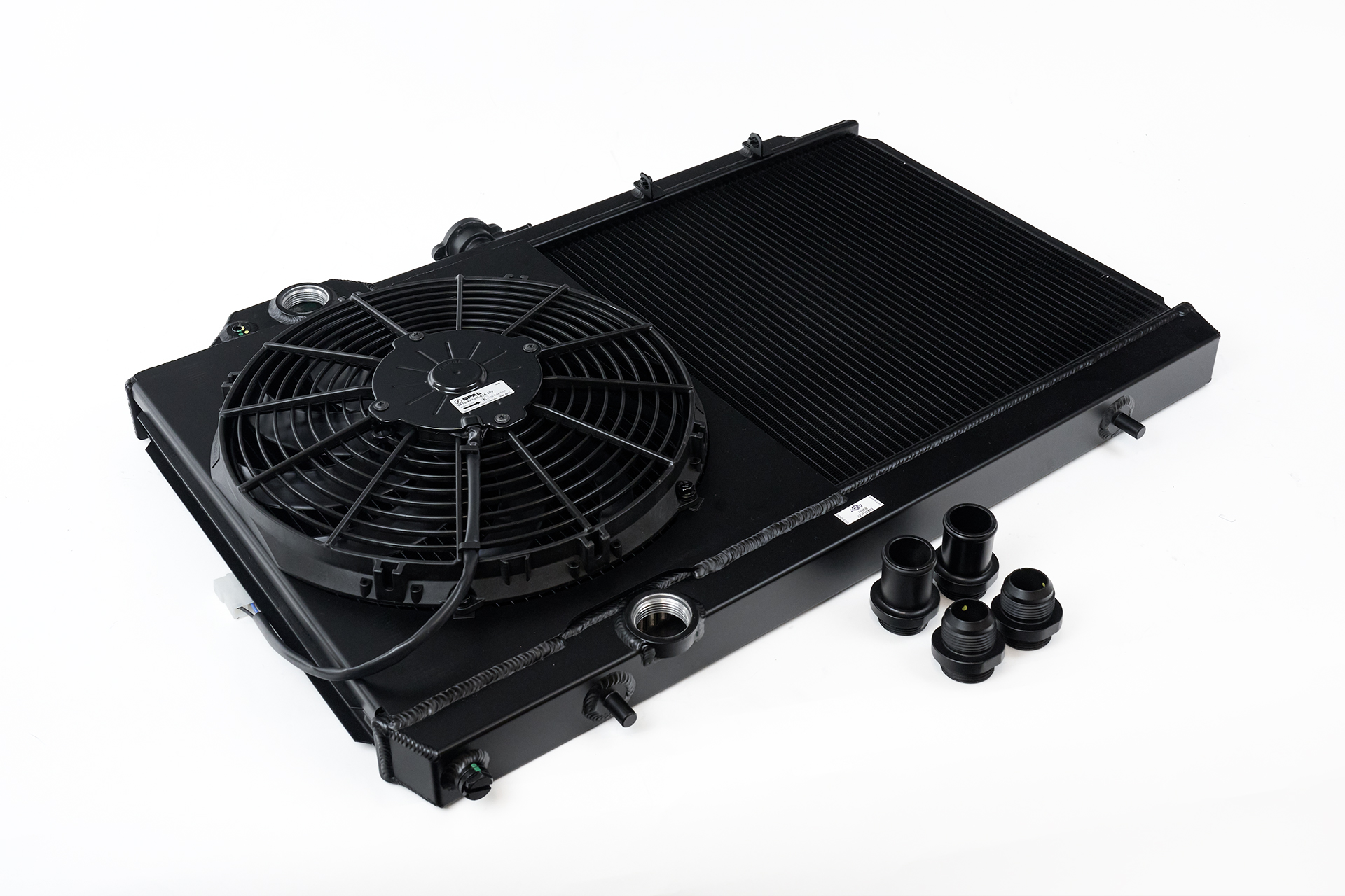CSF 7075B - 96-07 Mitsubishi Evo 4/5/6/7/8/9 Full-Slim Radiator w/12in Fan & Shroud/-16AN - Black