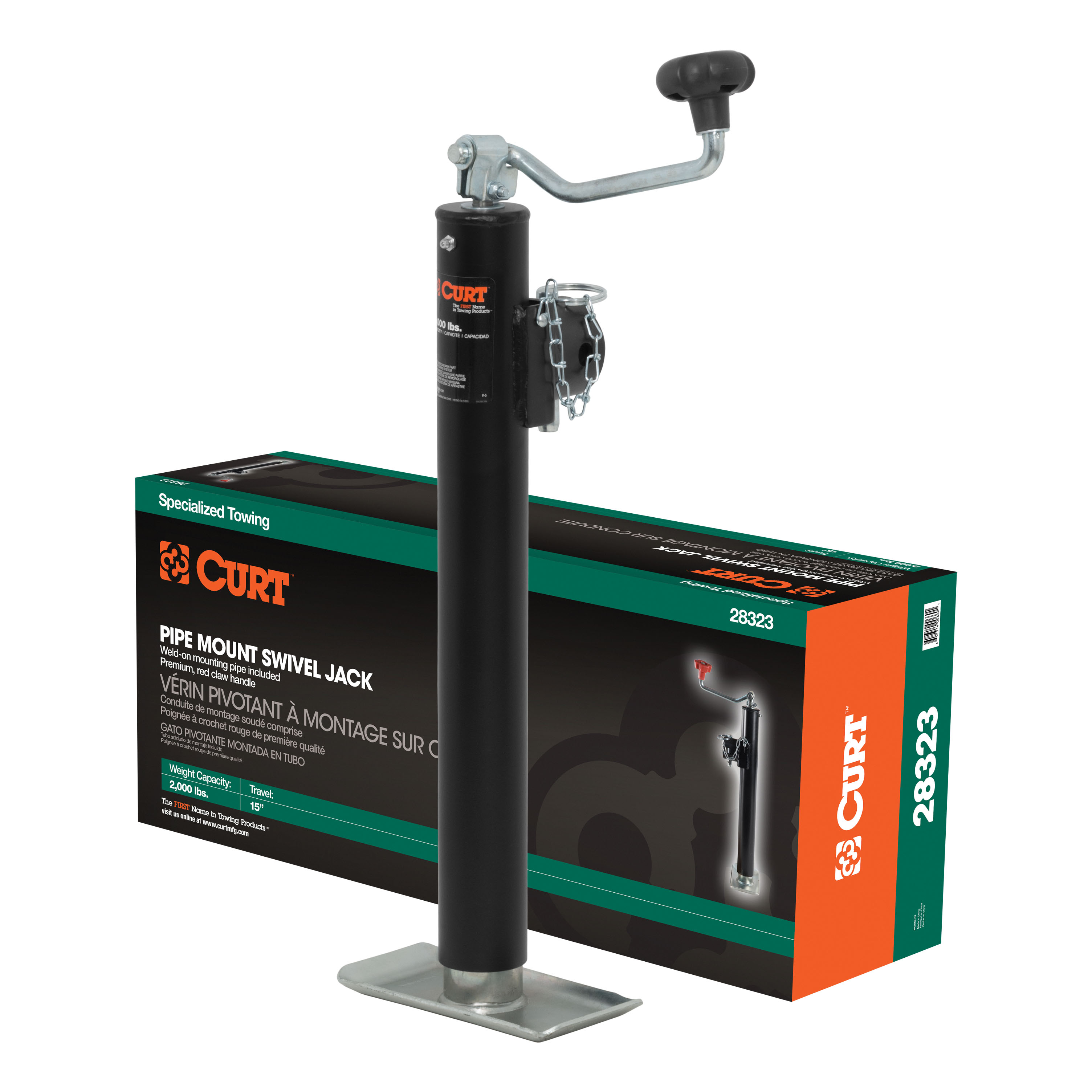 CURT 28323 - Pipe-Mount Swivel Jack with Top Handle (2,000 lbs, 15" Travel, Packaged)