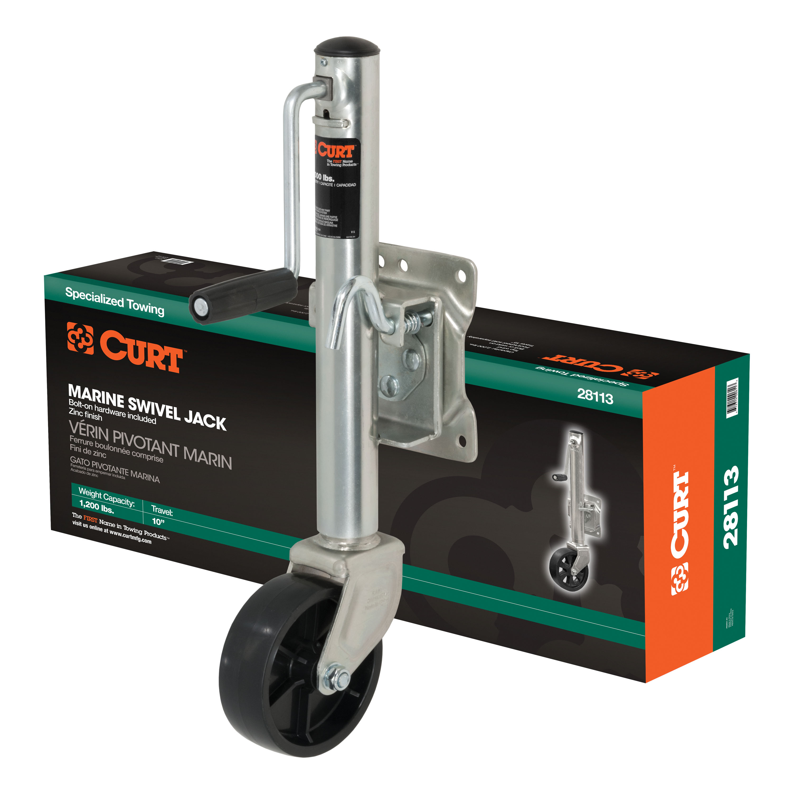 CURT 28113 - Marine Jack with 6" Wheel (1,200 lbs, 10" Travel, Packaged)
