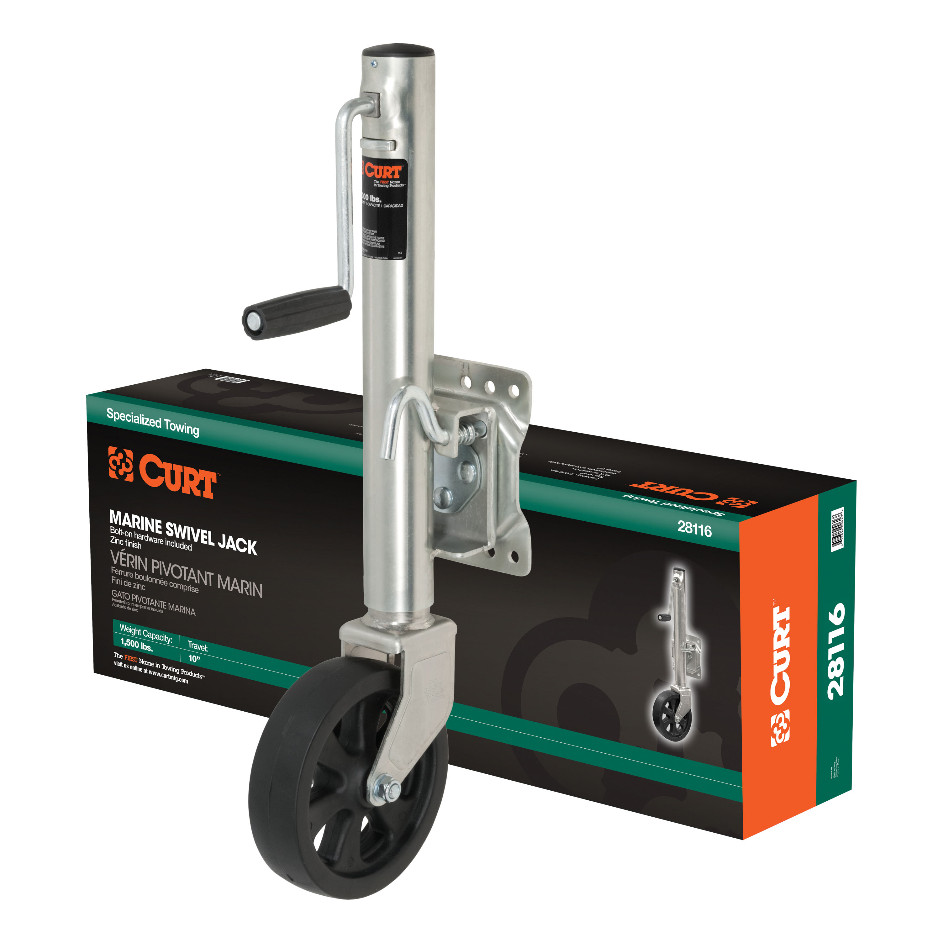 CURT 28116 - Marine Jack with 8" Wheel (1,500 lbs, 10" Travel, Packaged)
