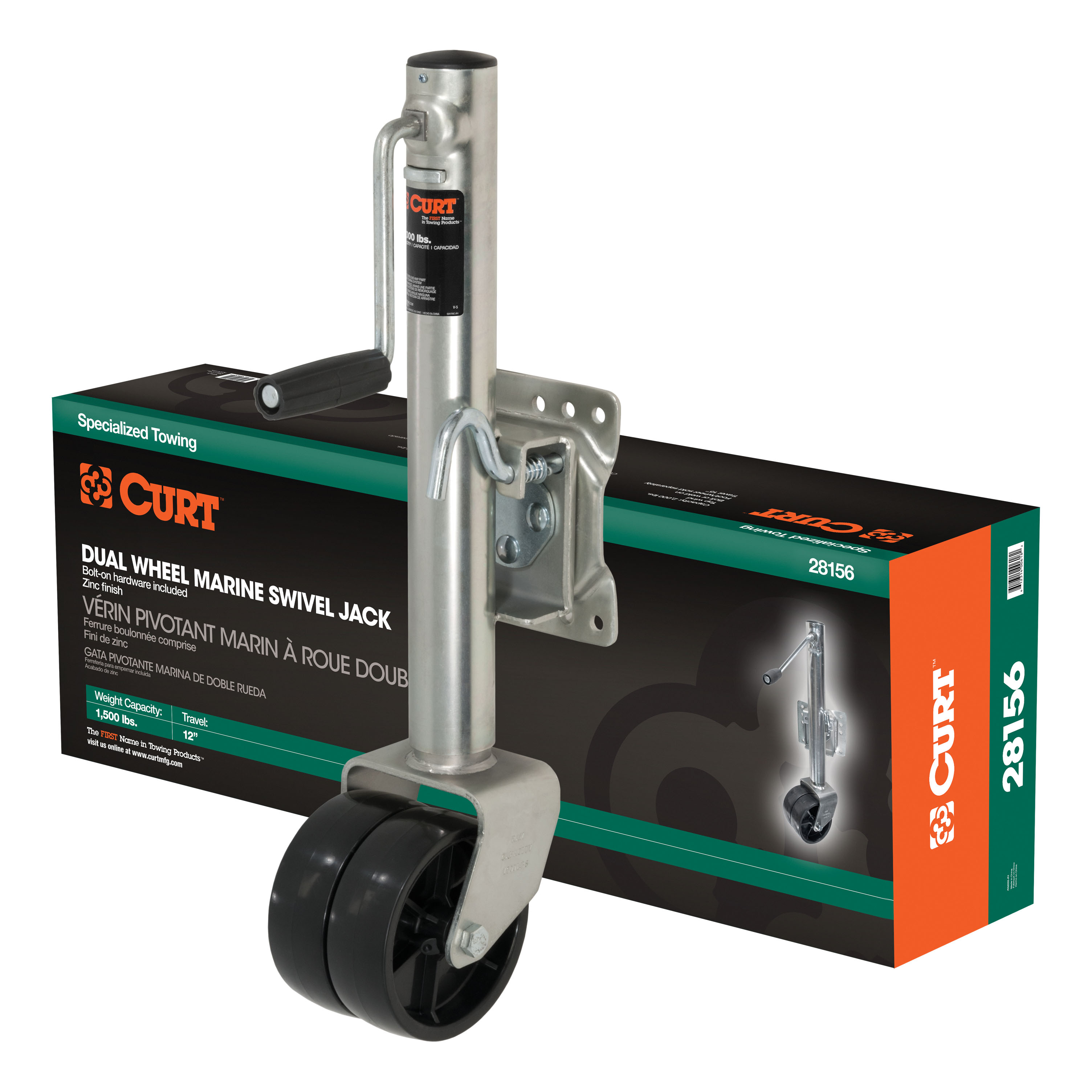 CURT 28156 - Marine Jack with Dual 6" Wheels (1,500 lbs, 10" Travel, Packaged)
