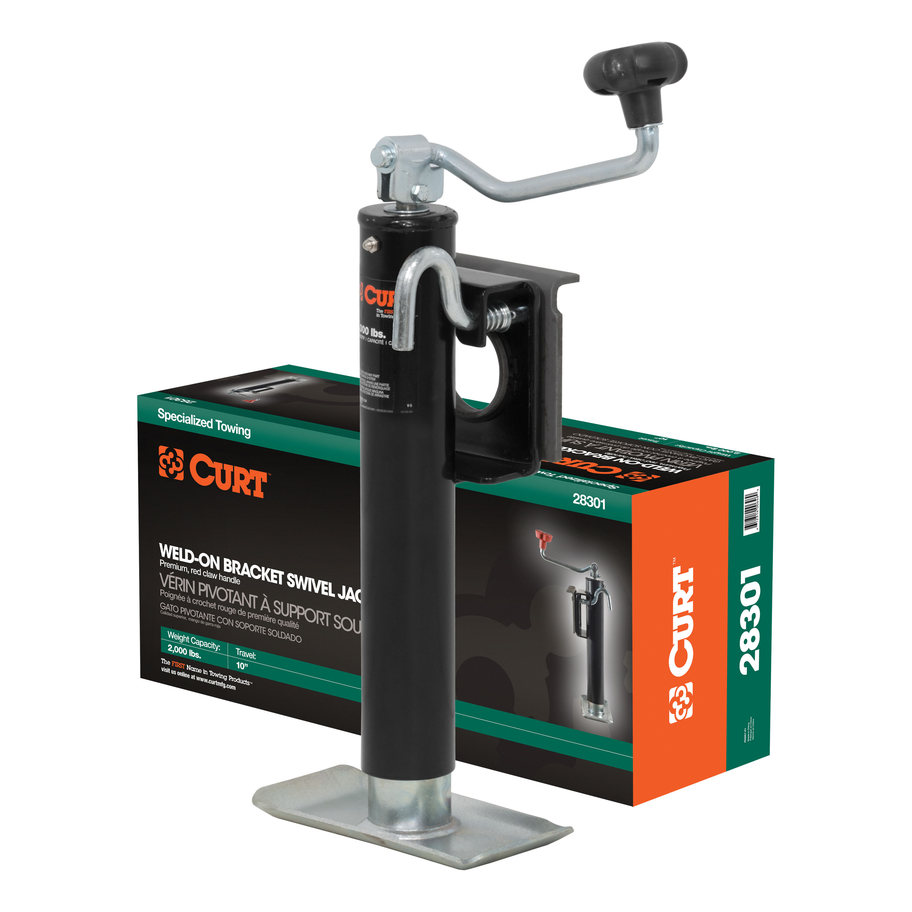 CURT 28301 - Bracket-Mount Swivel Jack with Top Handle (2,000 lbs, 10" Travel, Packaged)