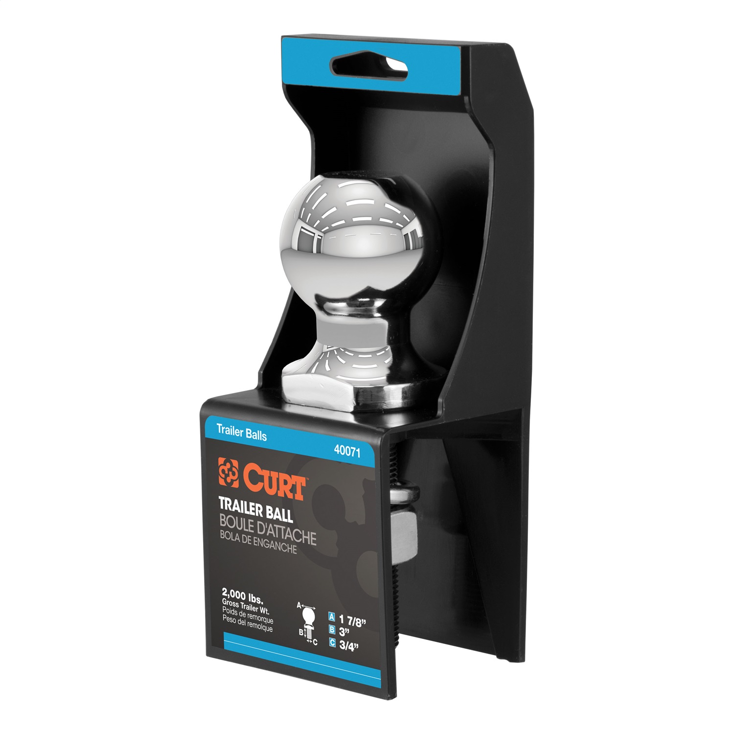 CURT 40071 - 1-7/8" Trailer Ball (3/4" x 3" Shank, 2,000 lbs., Chrome, Packaged)