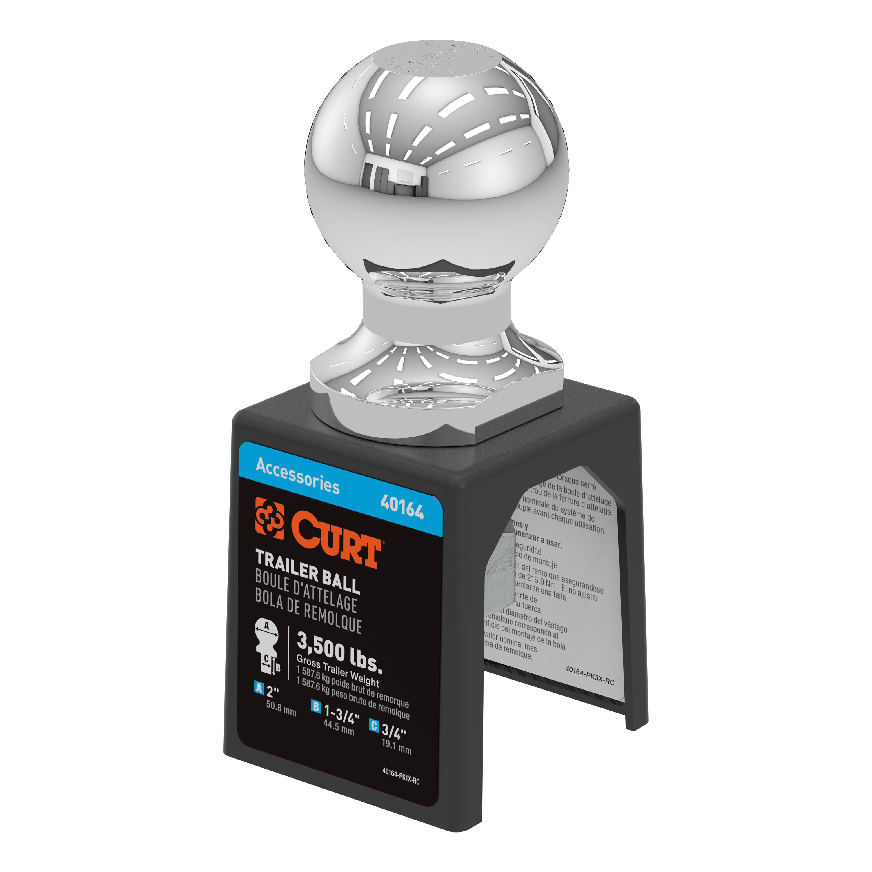 CURT 40164 - 2" Trailer Ball (3/4" x 1-3/4" Shank, 3,500 lbs., Chrome, Packaged)