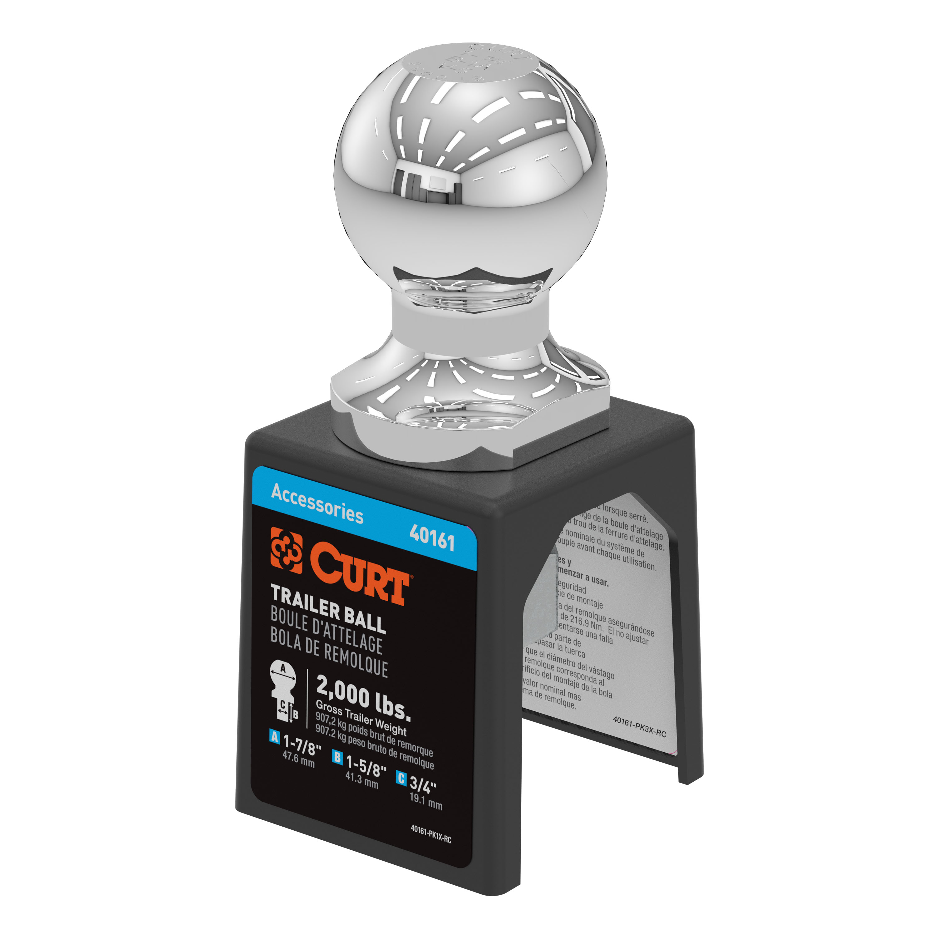 CURT 40161 - 1-7/8" Trailer Ball (3/4" x 1-5/8" Shank, 2,000 lbs., Chrome, Packaged)