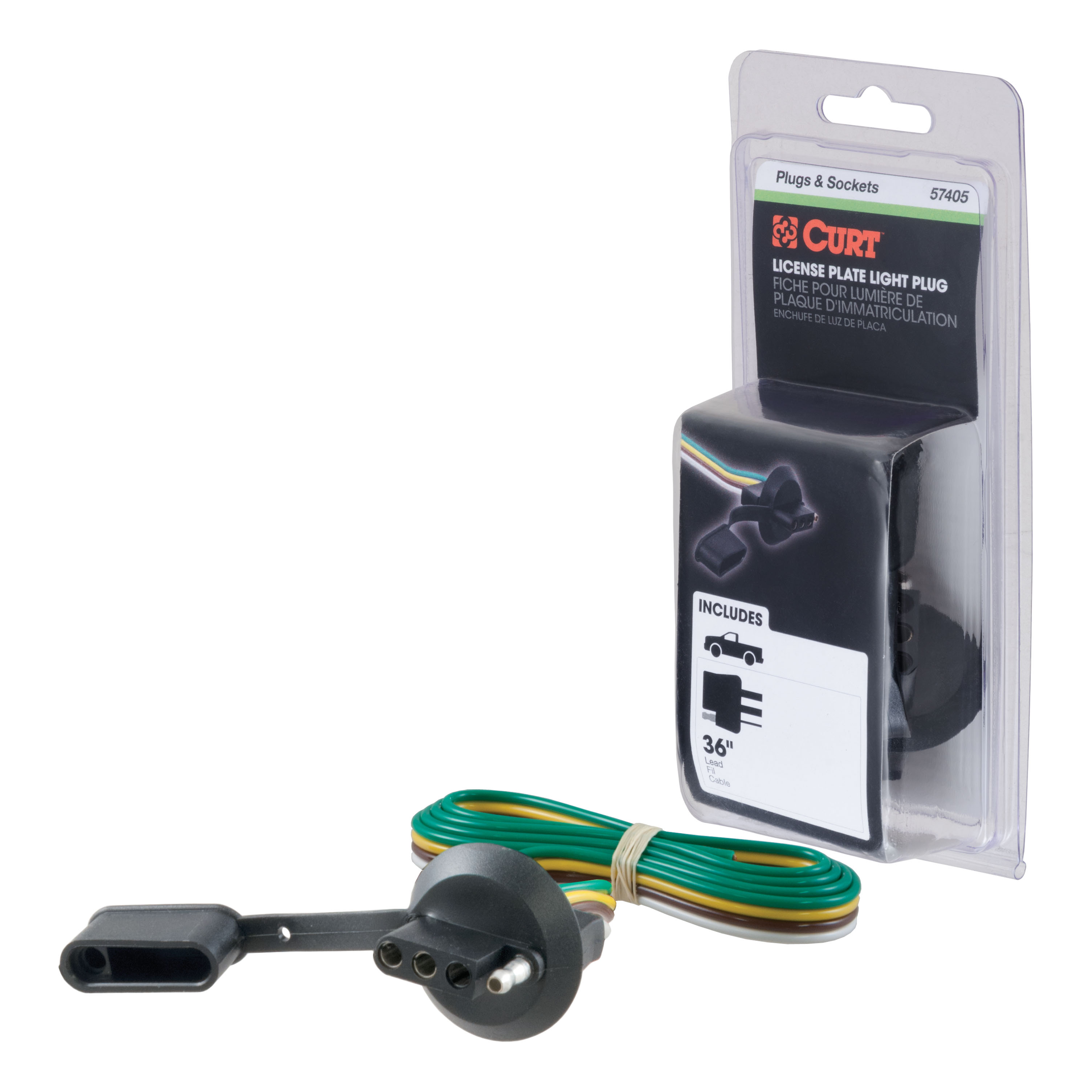 CURT 57405 - 4-Way Flat License Plate Light Plug Connector Socket with 36" Wires (Packaged)