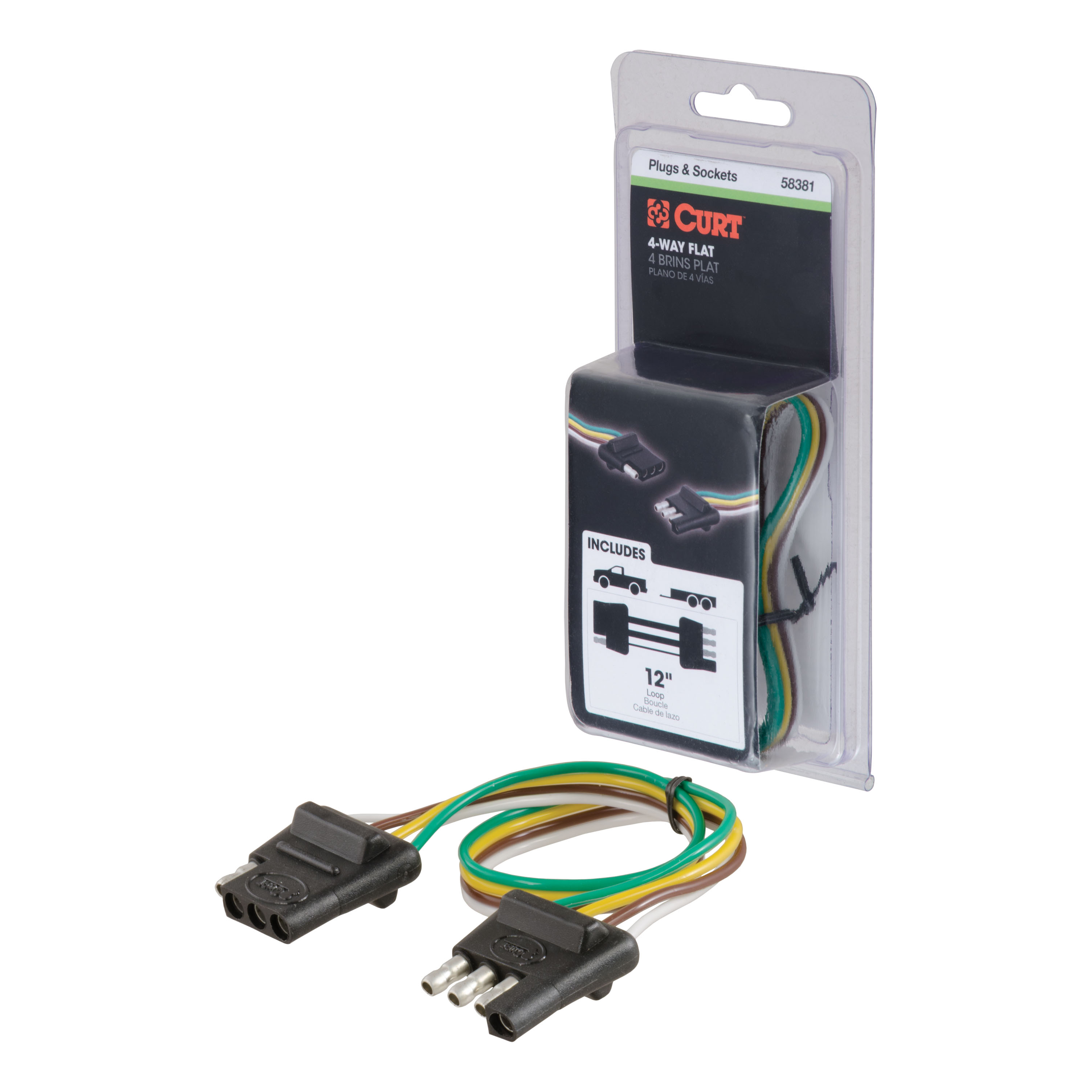 CURT 58381 - 4-Way Flat Connector Plug & Socket with 12" Wires (Packaged)