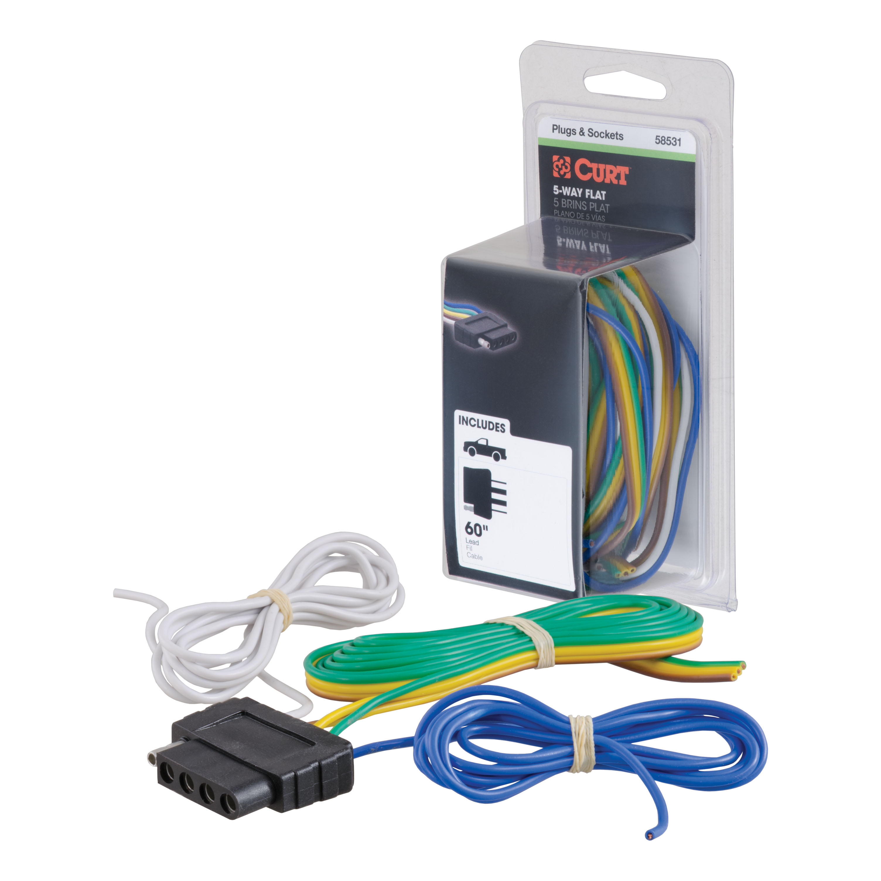 CURT 58531 - 5-Way Flat Connector Socket with 60" Wires (Vehicle Side, Packaged)
