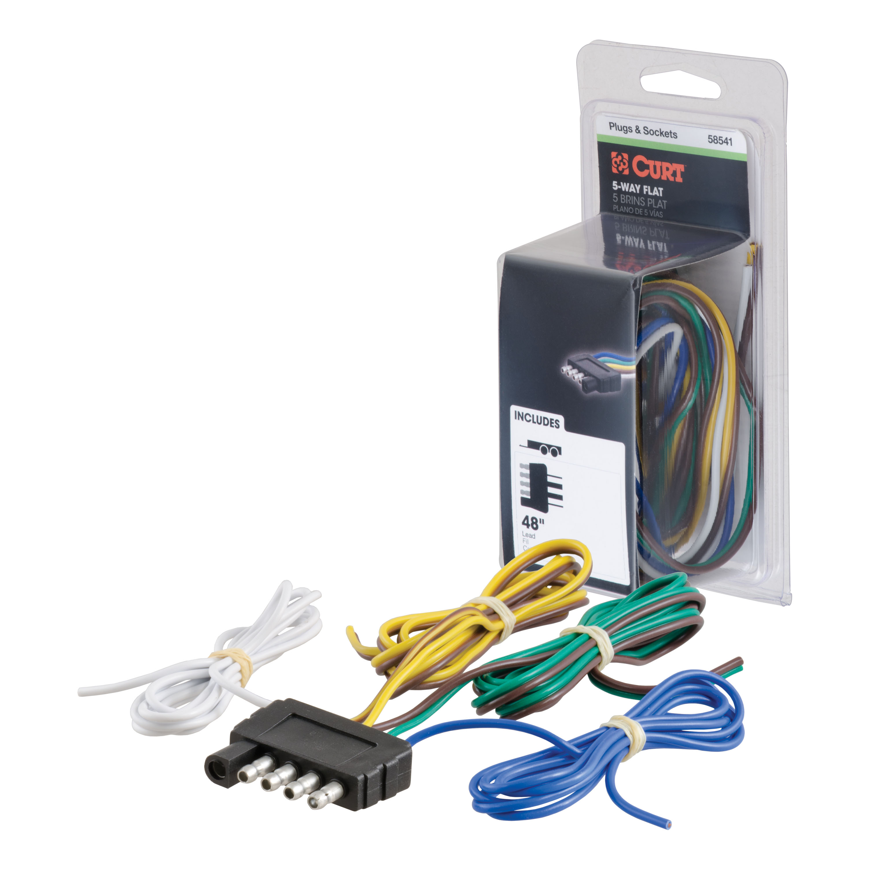 CURT 58541 - 5-Way Flat Connector Plug with 48" Wires (Trailer Side, Packaged)