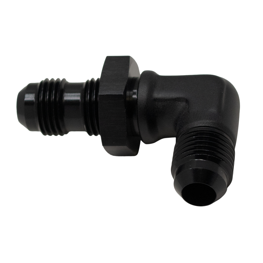 Deatschwerks 6-02-0710-B - 6AN Male Flare to 6AN Male Flare Bulkhead Adapter 90-Degree - Anodized Matte Black