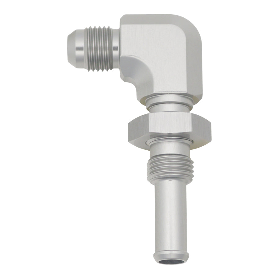 Deatschwerks 6-02-0733 - 6AN Male Flare to 90-Degree 3/8in Single Hose Barb - Anodized DW Titanium