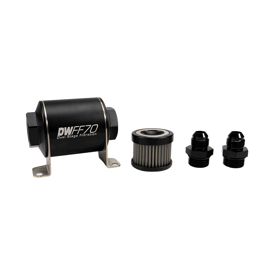 Deatschwerks 8-03-070-100K-8 - Stainless Steel 8AN 100 Micron Universal Inline Fuel Filter Housing Kit (70mm)