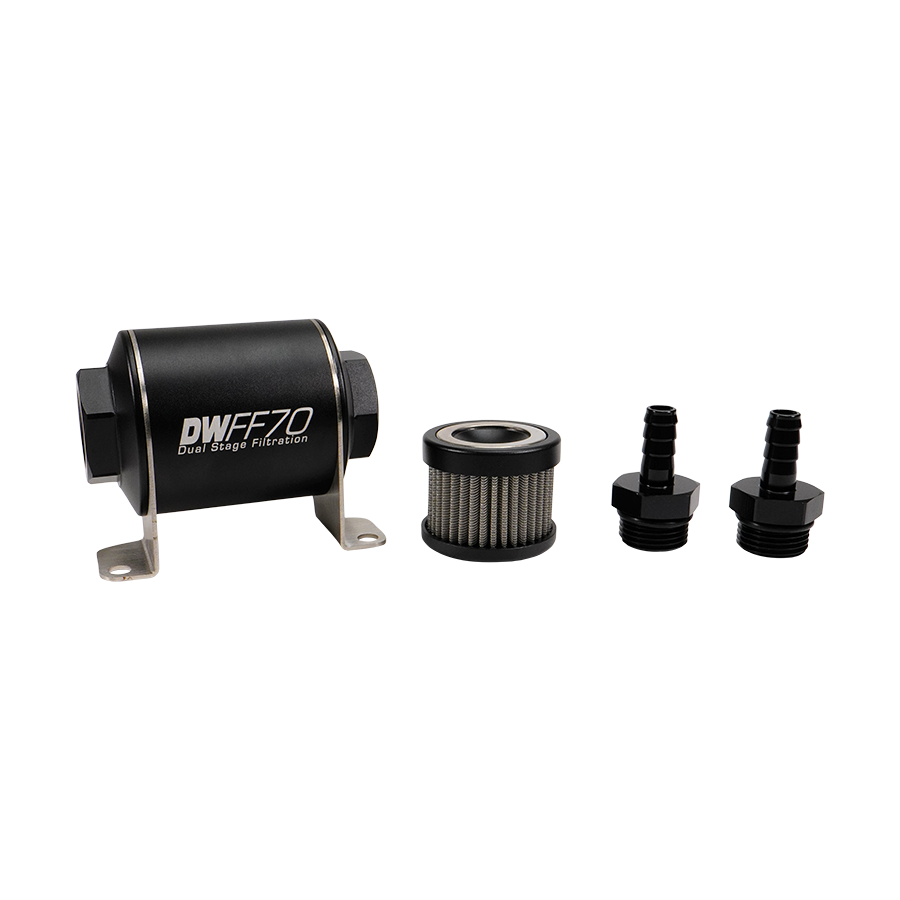 Deatschwerks 8-03-070-010K-38 - Stainless Steel 3/8in 10 Micron Universal Inline Fuel Filter Housing Kit (70mm)