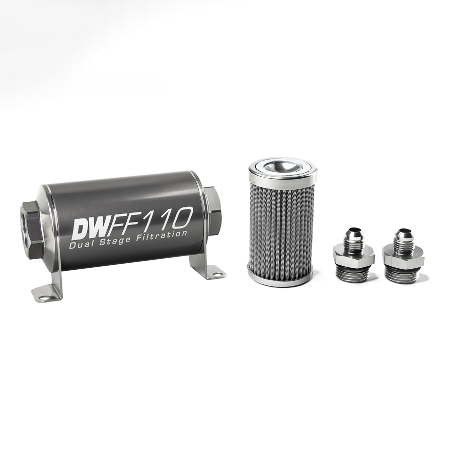 Deatschwerks 8-03-110-100K-6 - Stainless Steel 6AN 100 Micron Universal Inline Fuel Filter Housing Kit (110mm)
