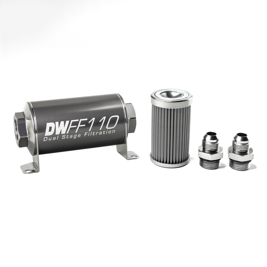 Deatschwerks 8-03-110-100K-8 - Stainless Steel 8AN 100 Micron Universal Inline Fuel Filter Housing Kit (110mm)