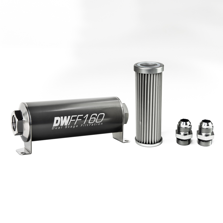 Deatschwerks 8-03-160-005K-10 - Stainless Steel 10AN 5 Micron Universal Inline Fuel Filter Housing Kit (160mm)