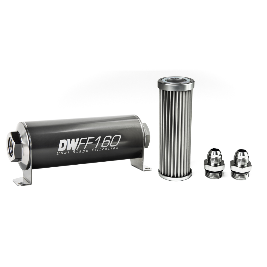 Deatschwerks 8-03-160-005K-8 - Stainless Steel 8AN 5 Micron Universal Inline Fuel Filter Housing Kit (160mm)