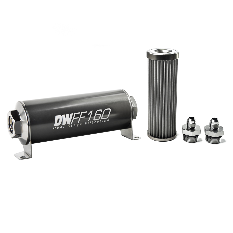 Deatschwerks 8-03-160-040K-6 - Stainless Steel 6AN 40 Micron Universal Inline Fuel Filter Housing Kit (160mm)