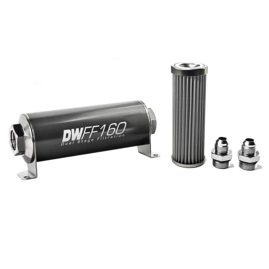 Deatschwerks 8-03-160-040K-8 - Stainless Steel 8AN 40 Micron Universal Inline Fuel Filter Housing Kit (160mm)