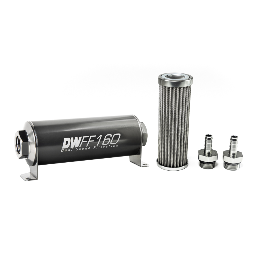 Deatschwerks 8-03-160-100K-38 - Stainless Steel 3/8in 100 Micron Universal Inline Fuel Filter Housing Kit (160mm)