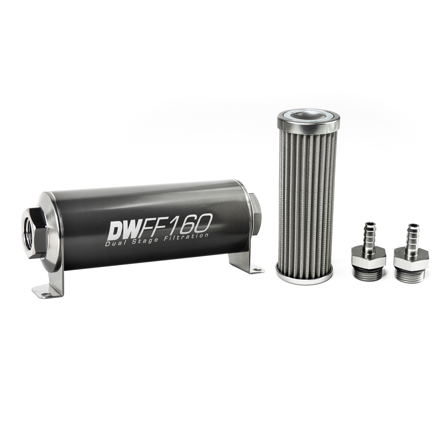 Deatschwerks 8-03-160-100K-516 - Stainless Steel 5/16in 100 Micron Universal Inline Fuel Filter Housing Kit (160mm)