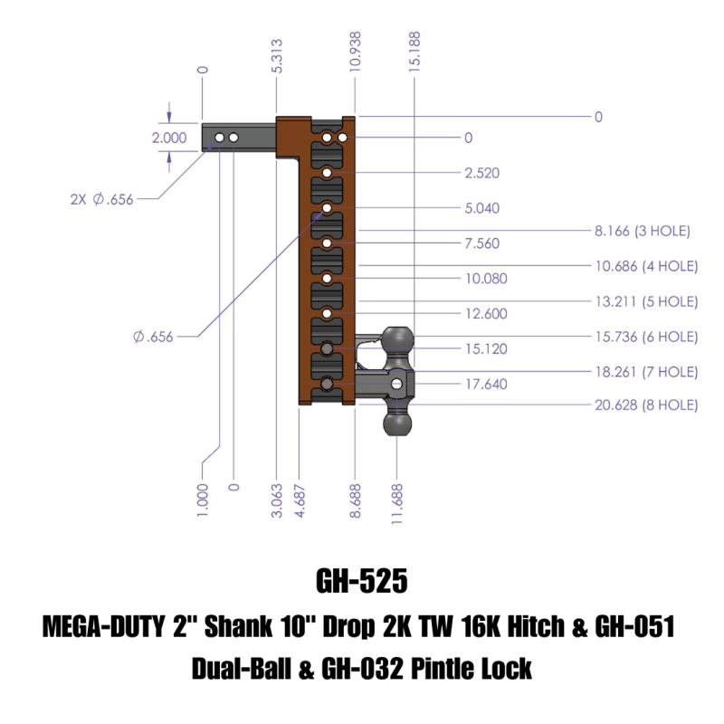 GEN-Y Hitch GH-525 - Gen-Y Mega Duty 2in Shank 10in Drop 2K TW 16K Hitch w/GH-051 Dual-Ball/GH-032 Pintle Lock