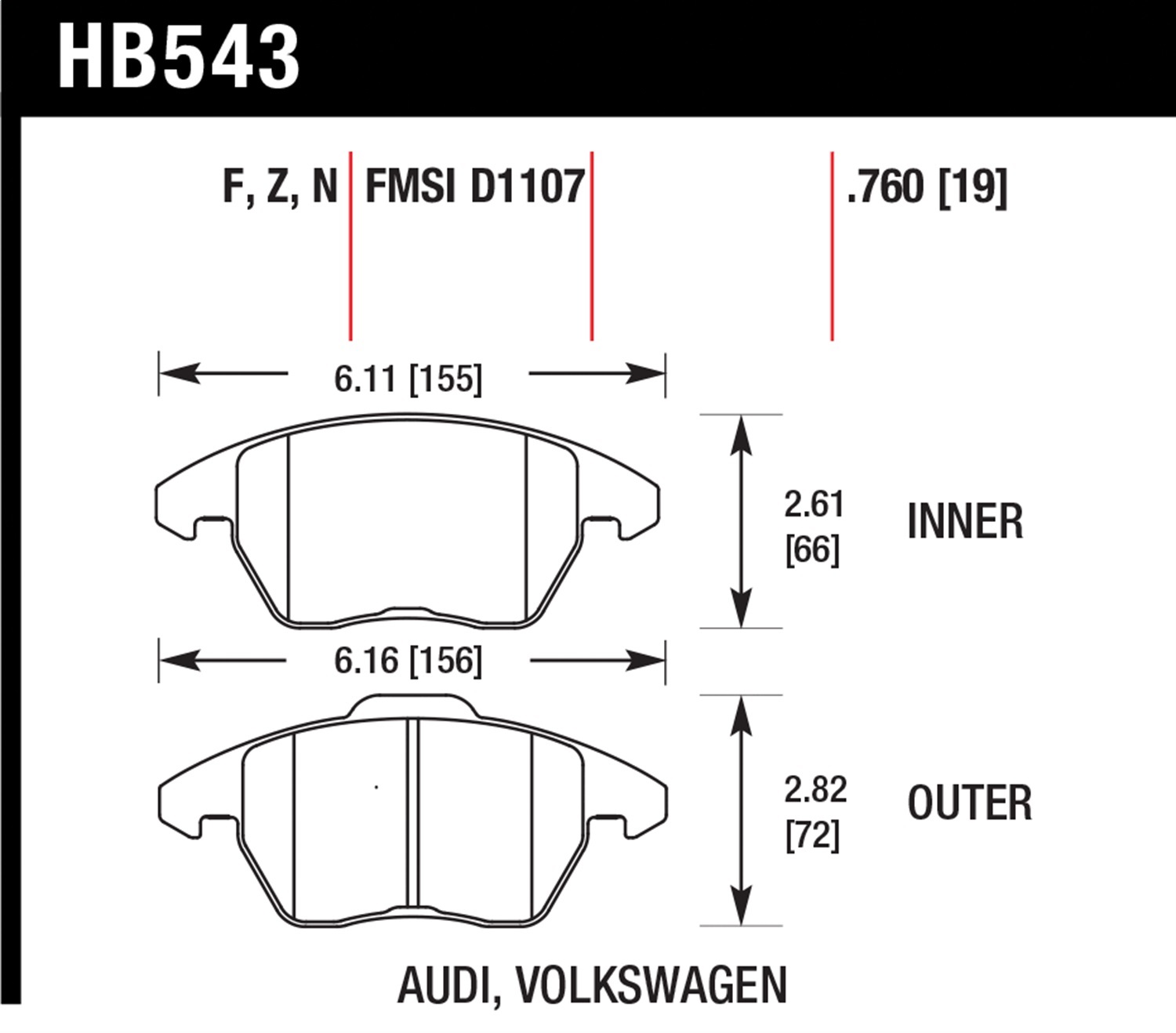 Hawk HB543Z.760 - Audi A3 Quattro / VW EOS / Golf / Jetta / Passat / Rabbit Performance Ceramic Front Brake Pads