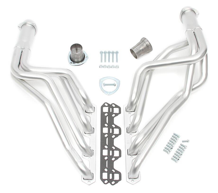 Hedman Hedders 88308 - 1964-73 MUSTANG 260-302 (factory 351W); 1966-73 FALCON, COUGAR, MAVERICK, RANCHERO, COMET, FAIRLANE, MONTEGO, TORINO; 260-302W; 1-5/8 in. LONG TUBE DESIGN; 3 in. BALL COLLECTOR- ELITE MODEL WITH MATTE SILVER CERAMIC COATING