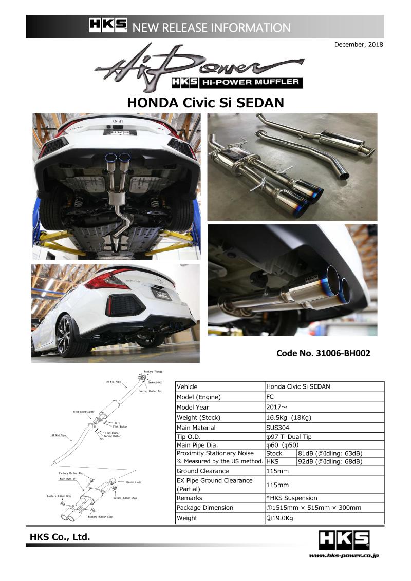 HKS 31006-BH002 - 17+ Honda Civic Si Sedan (FC) Hi-Power Muffler Exhaust HKS 31006-BH002 - 17+ Honda Civic Si Sedan (FC) Hi-Power Muffler Exhaust