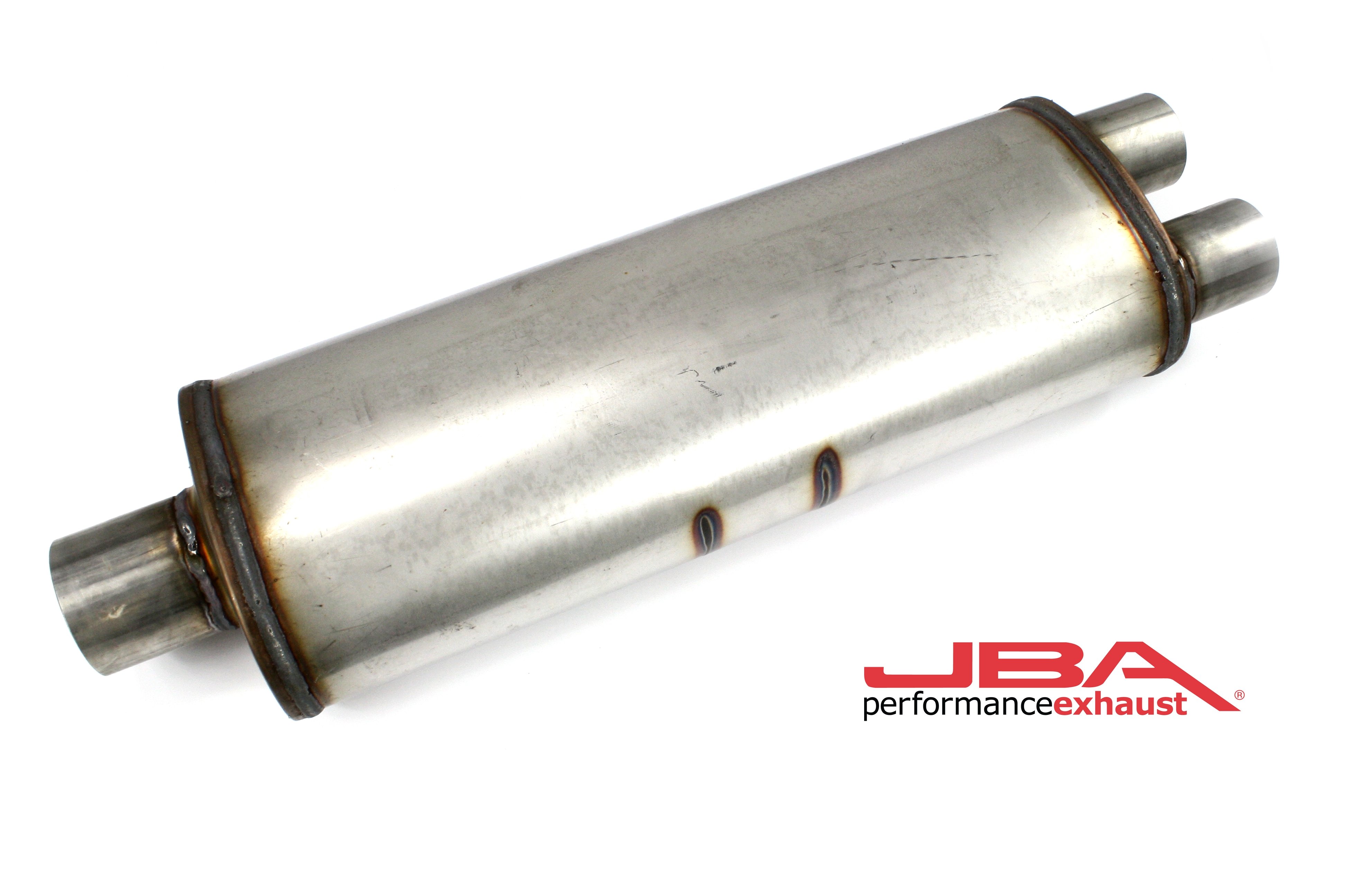 JBA 40-252500 - Universal Chambered 304SS Muffler 25x8x5in 3in Center Inlet/2.5in Dual Outlet