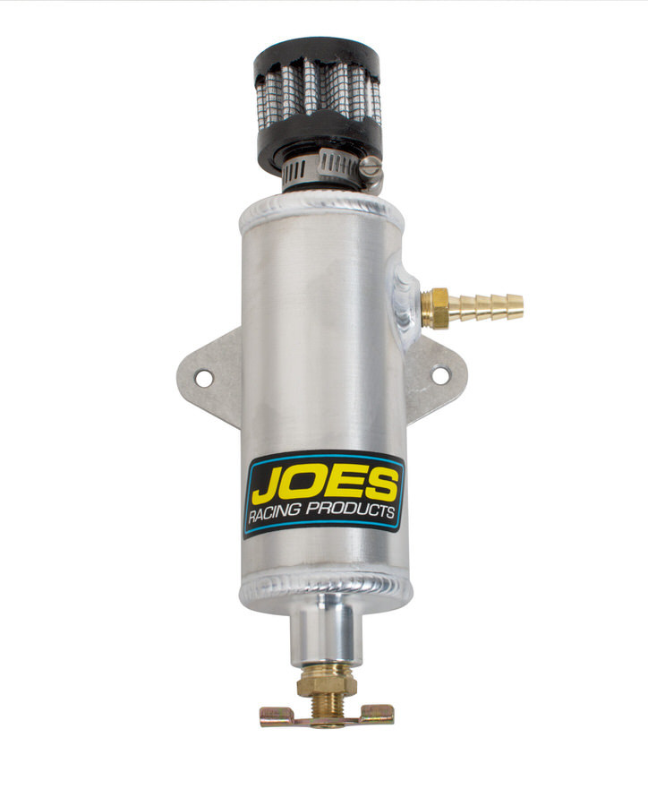 Joes Racing Products 12318 - Breather Tank - Bolt-On - 1.75 in Diameter - 7.5 in Tall - 8 oz - 1/4 in Hose Barb Inlet - Petcock Drain - Mounting Flange - Breather Included - Aluminum - Natural - Micro / Mini - Each