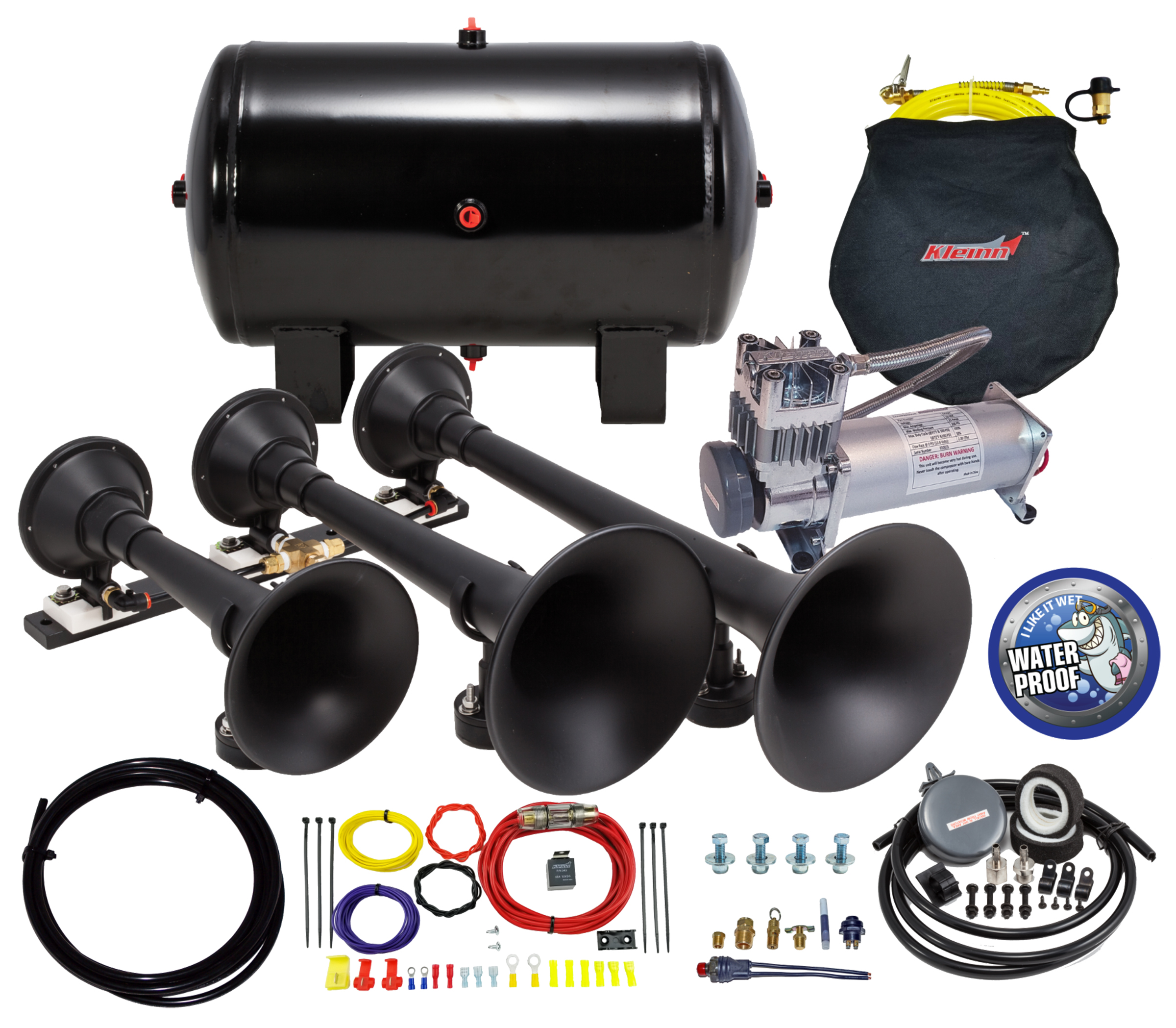 Kleinn Air Horns HK9 - Kleinn Triple Black Horn Kit w/ 150 PSI Waterproof 5.0 gal Air Tank