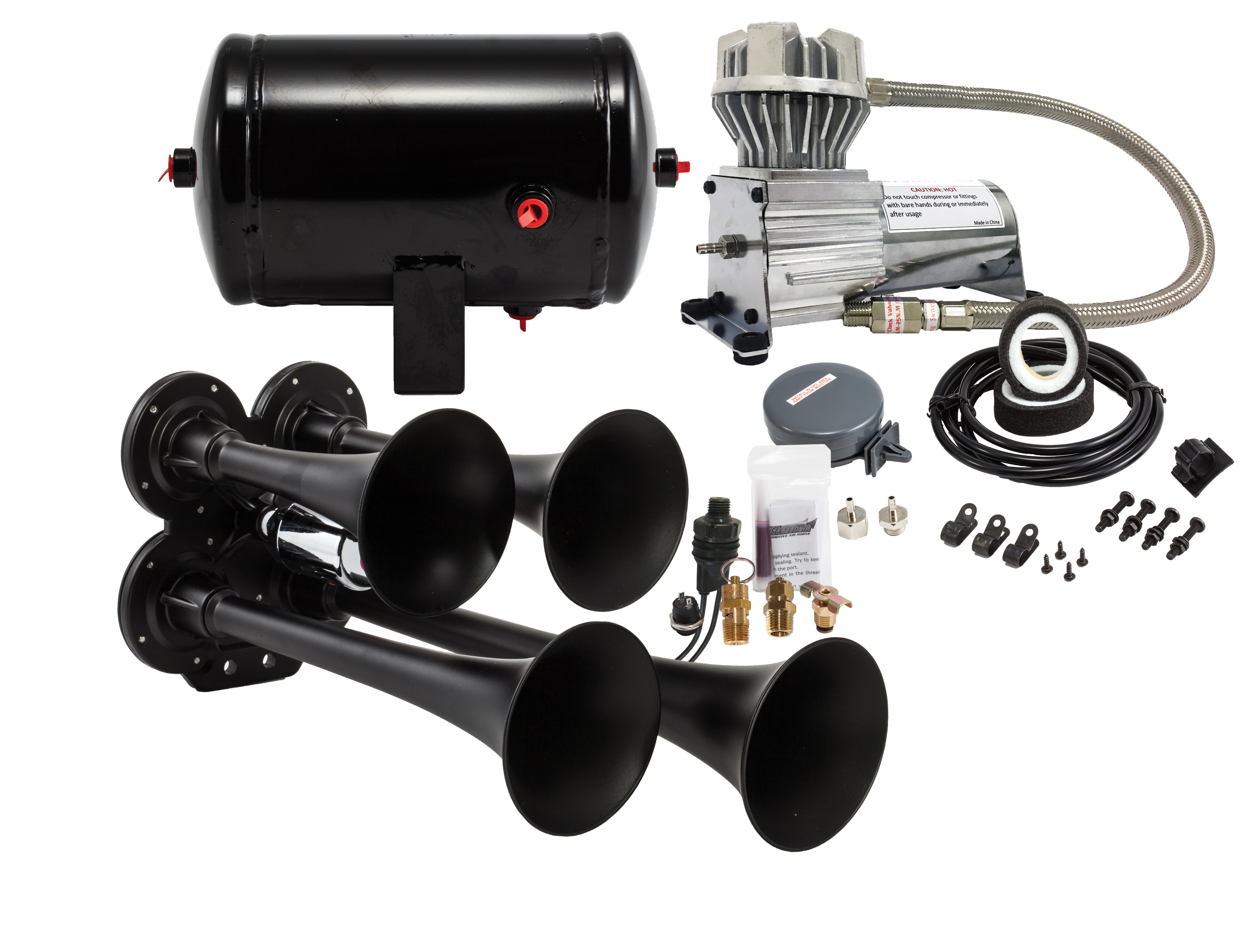 Kleinn Air Horns HK4-1 - Kleinn Quad Black Horn Kit w/ 130 PSI Air Compressor / 1.0 gal Air Tank Kleinn Air Horns HK4-1 - Kleinn Quad Black Horn Kit w/ 130 PSI Air Compressor / 1.0 gal Air Tank