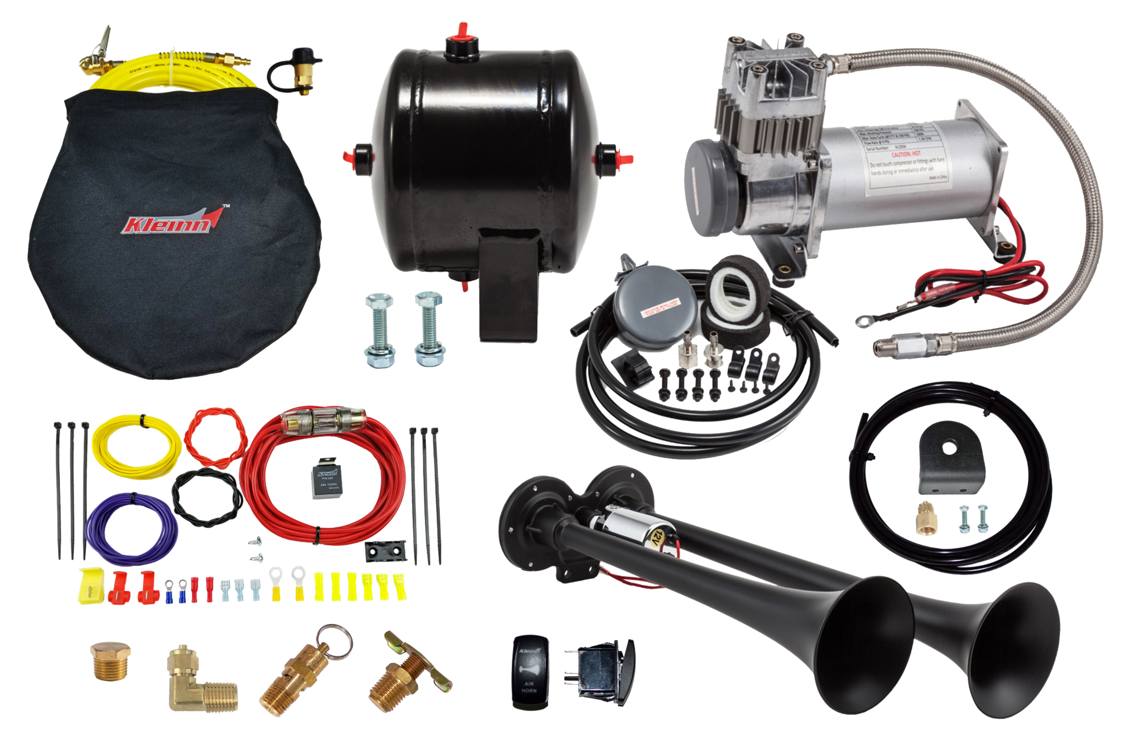 Kleinn Air Horns HKUTV - Kleinn Dual Black Horn Kit w/ 150 PSI Waterproof 0.5 gal Air Tank