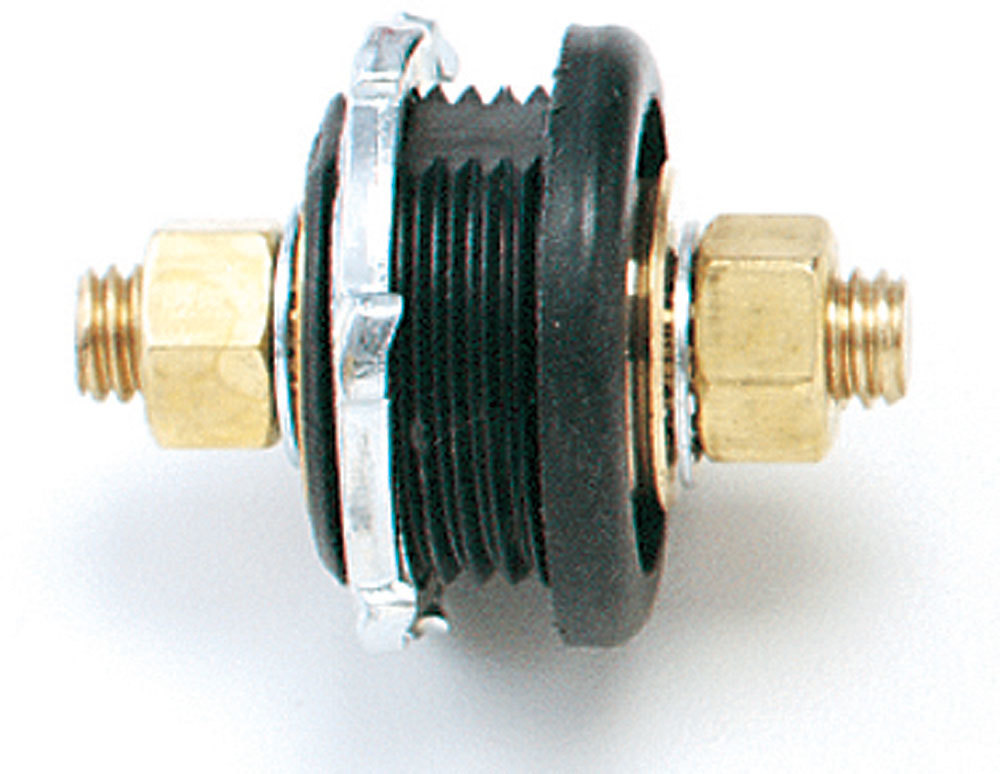 Longacre 52-45700 - Battery Cable Connector - Bulkhead - 6V to 48V - Brass - 1.25 in Diameter Hole - 3/8-16 in Stud - Hardware Included - Black - Each Longacre 52-45700 - Battery Cable Connector - Bulkhead - 6V to 48V - Brass - 1.25 in Diameter Hole - 3/8-16 in Stud - Hardware Included - Black - Each