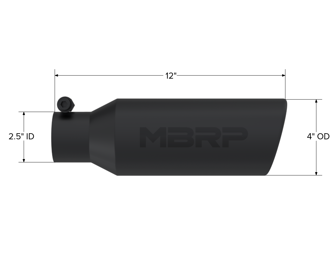 MBRP T5150BLK - 4 Inch OD 2.5 Inch Inlet 12 Inch Length Exhaust Tail Pipe Tip Angled Cut Rolled End Clampless-No Weld Black Coated