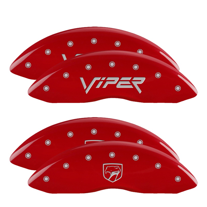 MGP 12203SSNPRD - 4 Caliper Covers Engraved Front Gen 2/Viper Engraved Rear Gen 2/Snake Red finish silver ch MGP 12203SSNPRD - 4 Caliper Covers Engraved Front Gen 2/Viper Engraved Rear Gen 2/Snake Red finish silver ch