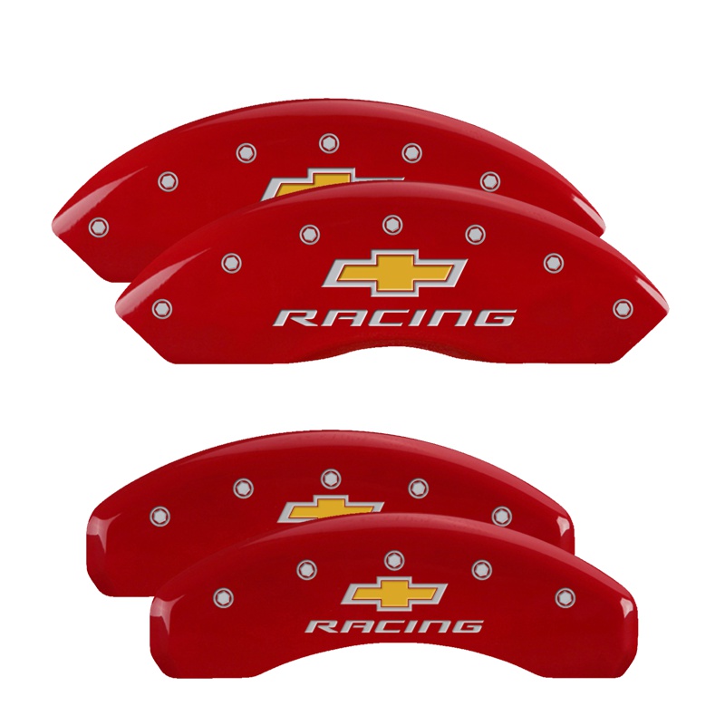 MGP 14240SBRCRD - 4 Caliper Covers Engraved Front & Rear Chevy Racing Red Finish Silver Char 2017 Chevrolet Camaro