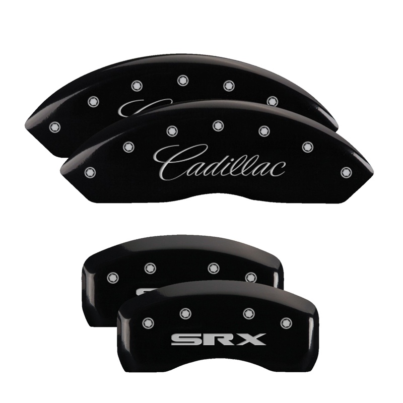 MGP 35002SSRXBK - 4 Caliper Covers Engraved Front Cursive/Cadillac Engraved Rear SRX Black finish silver ch MGP 35002SSRXBK - 4 Caliper Covers Engraved Front Cursive/Cadillac Engraved Rear SRX Black finish silver ch