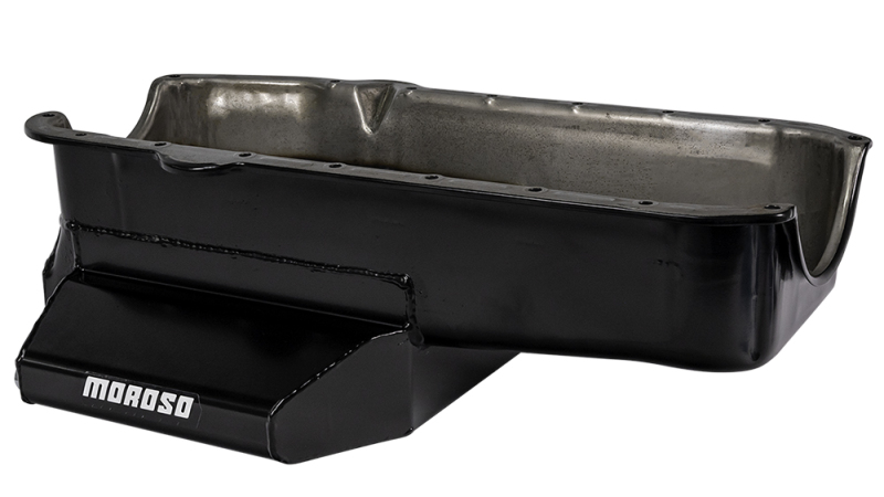 Moroso 21811 - 86-Up Chevrolet SBC (w/1 Pc Seal & Low Clearance) Wet Sump 7qt 7in Steel Oil Pan - Black